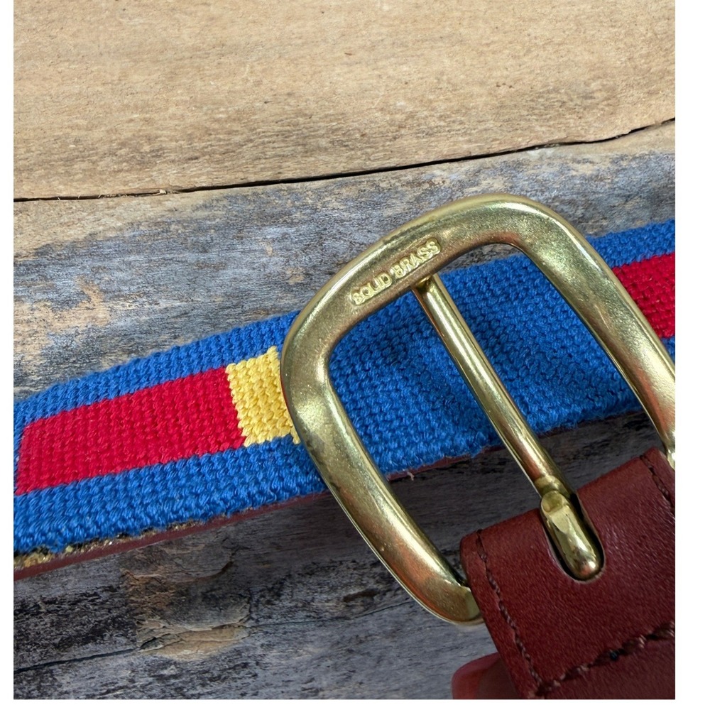 Asher Riley Mens Needlepoint Belt 40 Blue Leather Shotgun Shells Brass Buckle - Picture 6 of 7